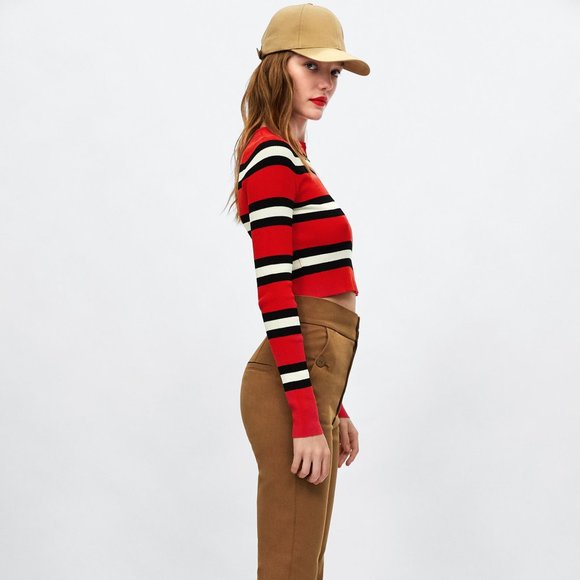 New Zara Red & Black Striped Knit Long Sleeve - Picture 3 of 12